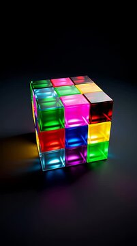 Colorful translucent glass cubes stacked in grid on dark background with vibrant internal glow