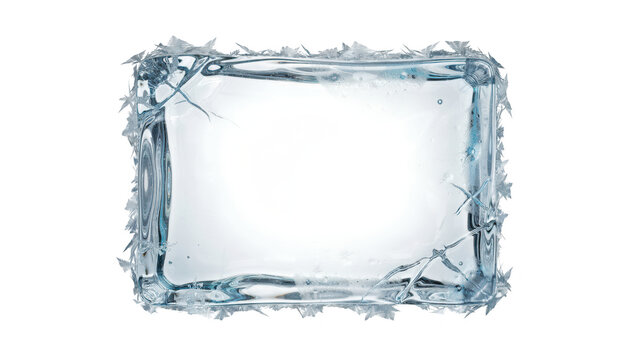 Rectangular frame made of clear frozen ice with sharp jagged edges, internal cracks, and trapped air bubbles isolated on a transparent background