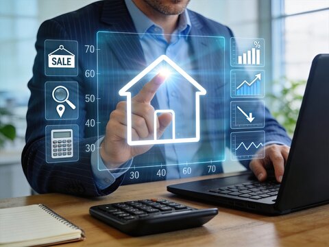 Real estate agent interacting with holographic house graph showing market trends and sales data, illustrating property investment analysis and housing market forecasting tools.