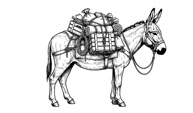 Donkey Loaded with Cargo Hand Drawn Vector Illustration Isolated on White