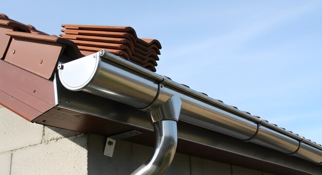 Exterior home renovation featuring seamless stainless steel gutter system and red clay tile roofing detail