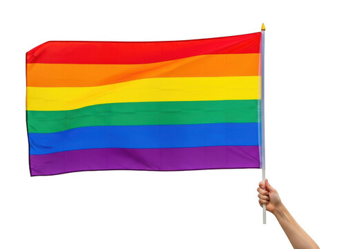 Rainbow pride flag waving on a hand PNG isolated on transparent background