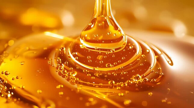 Macro close up of golden honey pouring and creating ripples and bubbles.