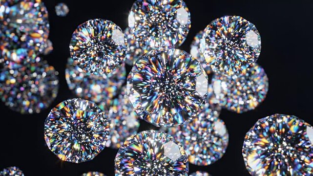 Rainbow Diamond Spheres on Black Background - A collection of brilliantly cut diamonds with hexagonal facets, reflecting a spectrum of rainbow colors.