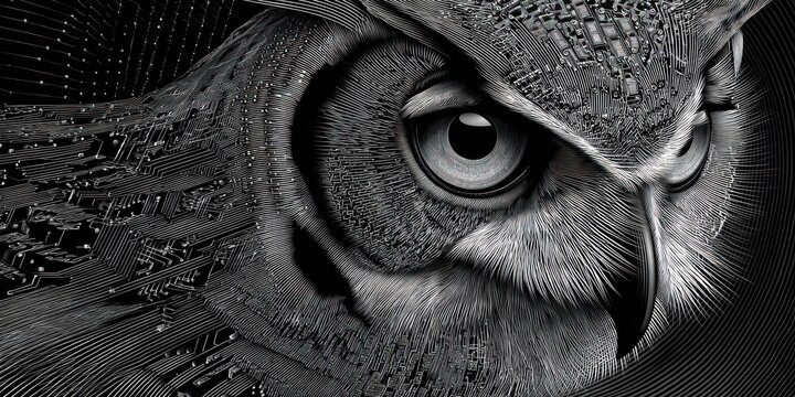 Abstract grayscale illustration of an owl blended with circuit board patterns