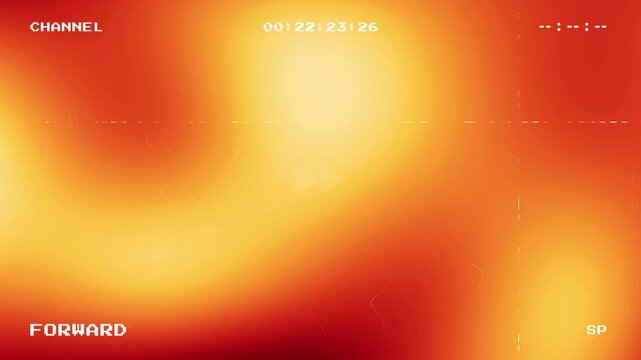 Retro VHS glitch effect with fast forward icon and timecode overlay featuring abstract glowing orange and red light leaks on a black background with analog noise and distortion