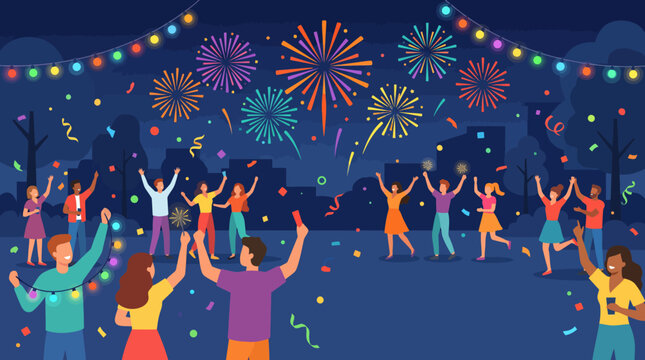 Colorful Festival Celebration with Vibrant Fireworks and Happy People Dancing Outdoors