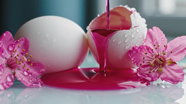 Vibrant pink liquid pouring into white eggshell with spring cherry blossoms