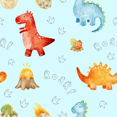 Seamless watercolor dinosaur pattern with volcanoes, eggs, footprints and roar lettering on blue. Repeating design for fabric, pajamas, bedding, nursery textiles, wrapping paper and party supplies. © Evgeniia