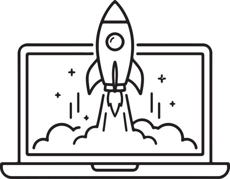 Black and white line icon of a space rocket launching from a laptop screen