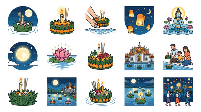 Colorful festival scene with floating lanterns and offerings (1)