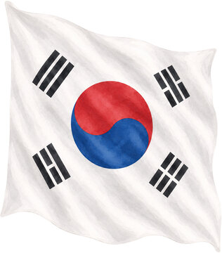 South Korea Flag Watercolor Illustration, Korean Taegeukgi National Symbol Painted on Black Background, Artistic Waving Republic of Korea Flag for Liberation Day and Cultural Events