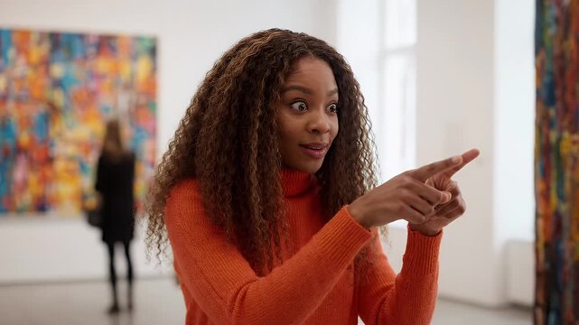 Woman Points with Surprise in Art Gallery - A woman with long, wavy brown hair has an expressive, surprised look on her face as she points forward in an art gallery.