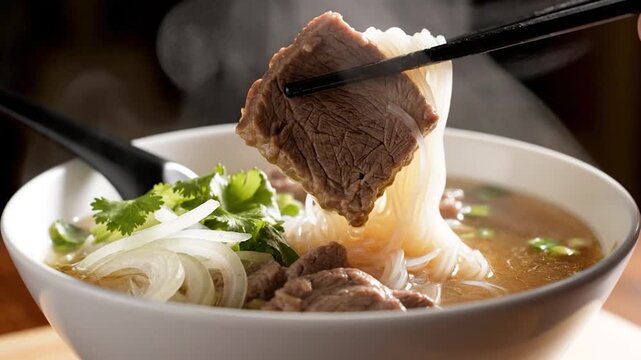Vietnamese beef pho noodle soup with steam and chopsticks in white bowl
