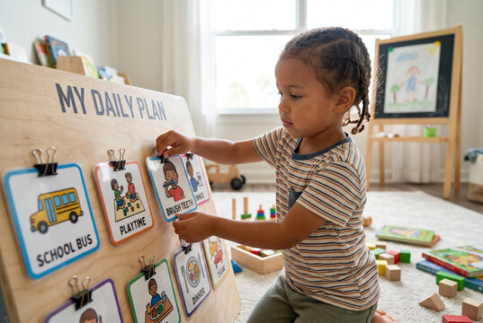 Child arranging school bus routine on autism visual planning board
