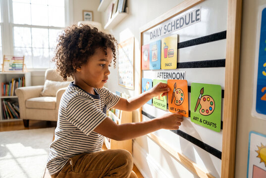 Child organizing autism visual schedule activities for structured daily routine