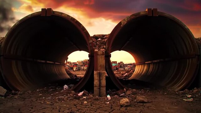 View of a crowded slum through massive drainage pipes under a dramatic sunset sky with cracked ground