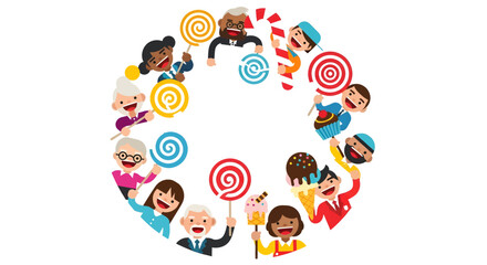 Fototapeta premium Diverse group of happy people of all ages holding various sweets and lollipops in a circular arrangement, celebrating joy and community.