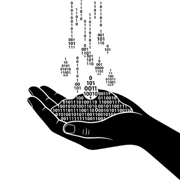 Human hand silhouette holding a cloud of floating binary code digits in a black and white vector illustration