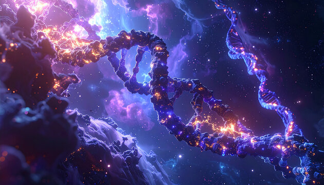 Glowing DNA Strand in Nebula: An illuminated, double-helix DNA strand pulsates with vibrant energy, weaving through a cosmic nebula filled with stardust and nebular clouds.