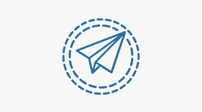 Blue paper airplane icon with dashed circle outline.