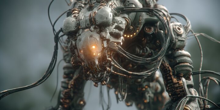Abstract mechanical construct with detailed textures and wires against a blurred background