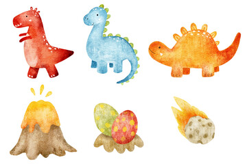 Watercolor dinosaur clipart set with volcano, dinosaur eggs and three prehistoric characters. Hand painted illustrations for nursery decor, apparel, party supplies, stickers and educational materials. © Evgeniia