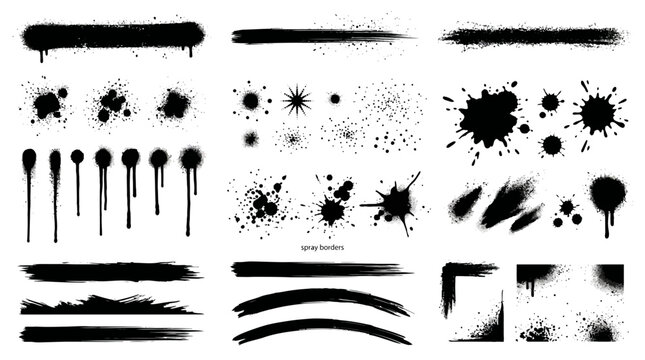 Abstract black ink brush strokes, splatters, drips, and textures on a white background