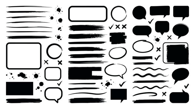 Hand-drawn vector UI elements with speech bubbles and callouts for web design and presentations (black and white).