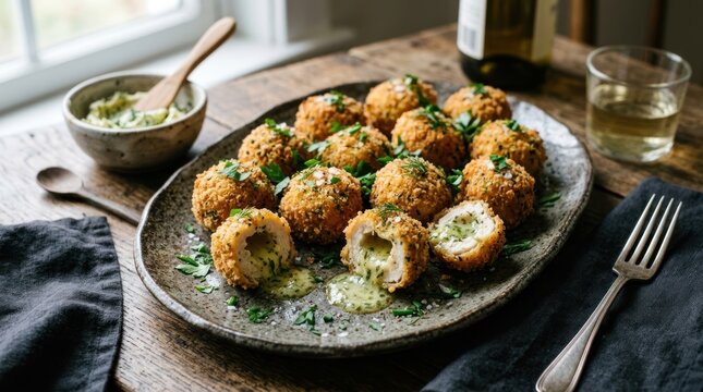 Chicken kyiv bites with herb butter styled on artisan tableware