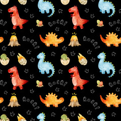 Seamless watercolor dinosaur pattern with volcanoes, eggs, footprints and roar lettering. Repeating design suitable for fabric, pajamas, bedding, nursery textiles, wrapping paper and party supplies. © Evgeniia