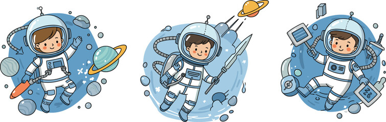 Cute astronaut kids exploring space, cartoon cosmic adventure with planets and rockets, fun educational science concept vector illustration © allustra