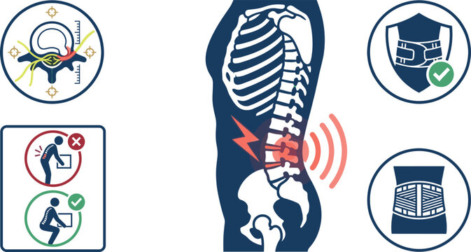 Lumbar spine injury infographic vector illustration with safe lifting posture ergonomics and lower back pain elements