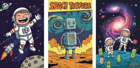Cute astronauts and robot exploring colorful outer space galaxy with aliens, cartoon cosmic adventure scene vector illustration © VecktorWorld
