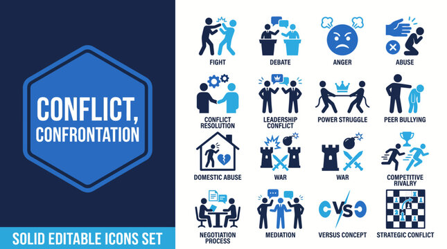Editable icons set depicting conflict and confrontation, offering visual concepts for conflict resolution, teamwork, negotiation, mediation, and effective communication.