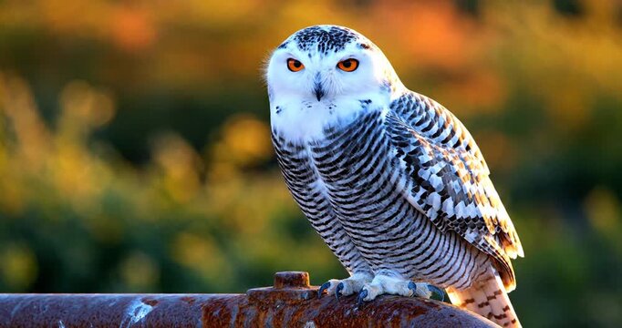 Snowy owl perched on a rusty railing, surrounded by vibrant autumn foliage in the background