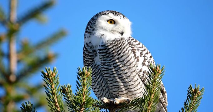 Snowy owl perched on a pine tree branch, basking in the sunlight against a clear blue sky