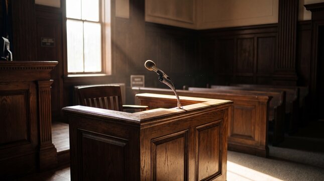 Courtroom witness stand with microphone, wooden interior and dramatic