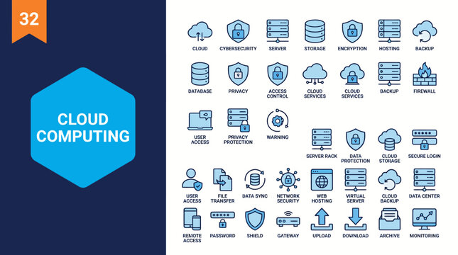 Cloud computing concept with servers, networks, data storage and analytics icons illustrating IT infrastructure, cloud services and digital transformation