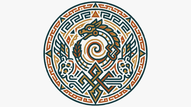 Ancient Aztec Serpent Symbol with Wings and Geometric Patterns.