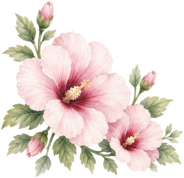 South Korea National Flower Rose of Sharon Watercolor Illustration, Korean Mugunghwa Hibiscus Corner Decoration Isolated on Black Background, National Holiday Graphic Asset