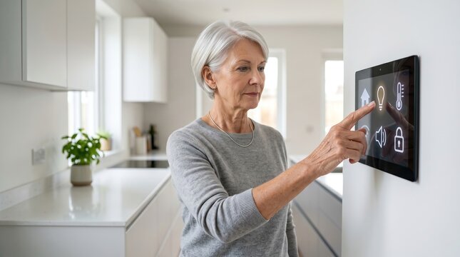 Mature woman using smart home control panel on wall to adjust temperature and lighting in modern kitchen.