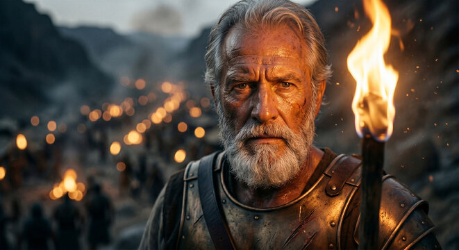 Bible, A powerful, close-up portrait of Gideon, his face weathered and determined, illuminated by the flickering, warm glow of a single torch held near his face. Behind him, the blurred silhouette of 