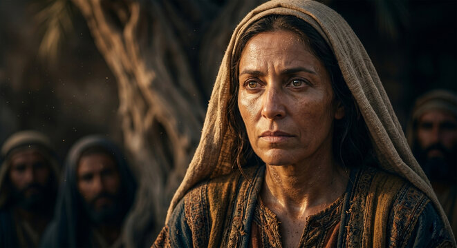 Bible, A close-up portrait of Deborah with an expression of divine conviction and unshakable faith. Her eyes are focused, reflecting the distant battle she prophesied. 