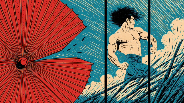 Bold ukiyo-e triptych with red parasol and turquoise warrior, Japanese woodblock art