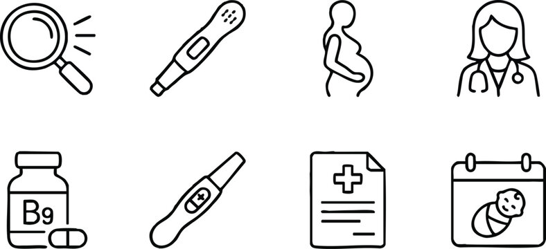 Pregnancy and Maternity Icons: A set of simple line art icons representing pregnancy, maternity, and medical care, including a magnifying glass, pregnancy tests, pregnant woman, doctor, vitamin B9.