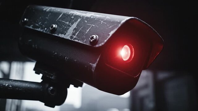 Weathered security camera with red glowing light lens monitoring urban city street