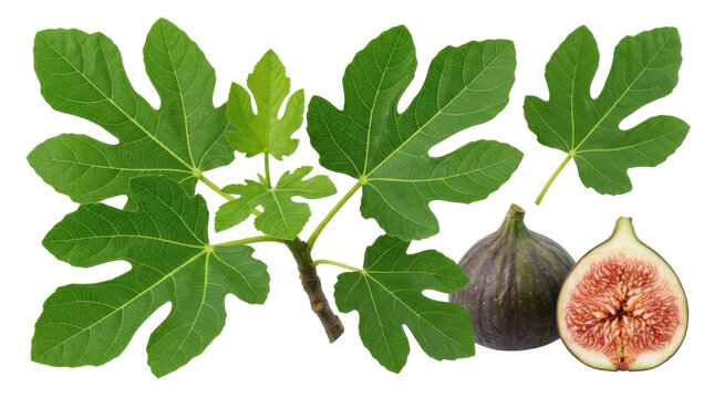 Fresh fig fruit and green leaves branch isolated for botanical design featuring whole and halved purple fruits.