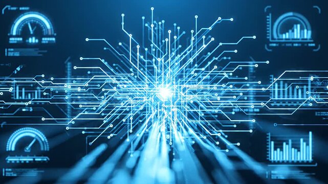 Abstract Digital Network Data Streams and Monitoring - This abstract visualization depicts a complex network of glowing blue lines representing data streams and connections.
