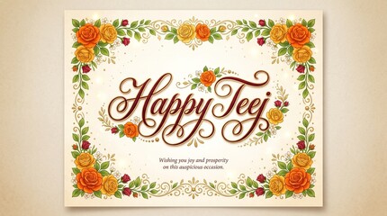 Naklejka premium Calligraphic lettering of Happy Teej framed by four corner floral vine arrangements with red and orange roses on a light cream background.